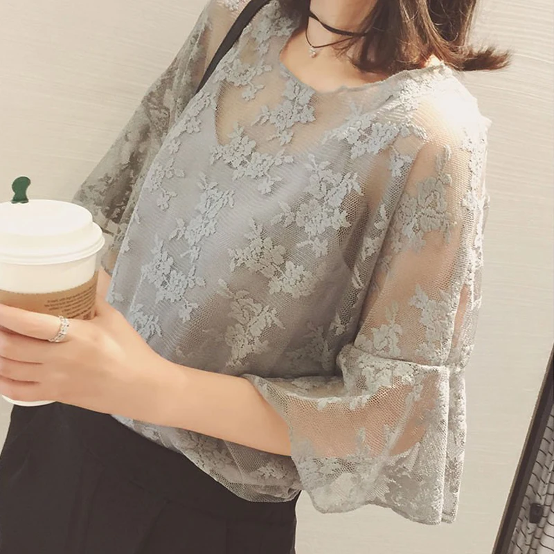 

2018 New Hot Fashion Women Tops Summer Wild Small Tape Embroidered Chiffon Blouse Crochet Lace Two-Piece Trumpet Sleeves Shirt