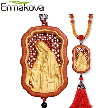 

ERMAKOVA 100% Log Real Wood Art Craft Jesus Manual Engraving Madonna Car Ornament Home Car Decor Pendant Christian Catholic Gift
