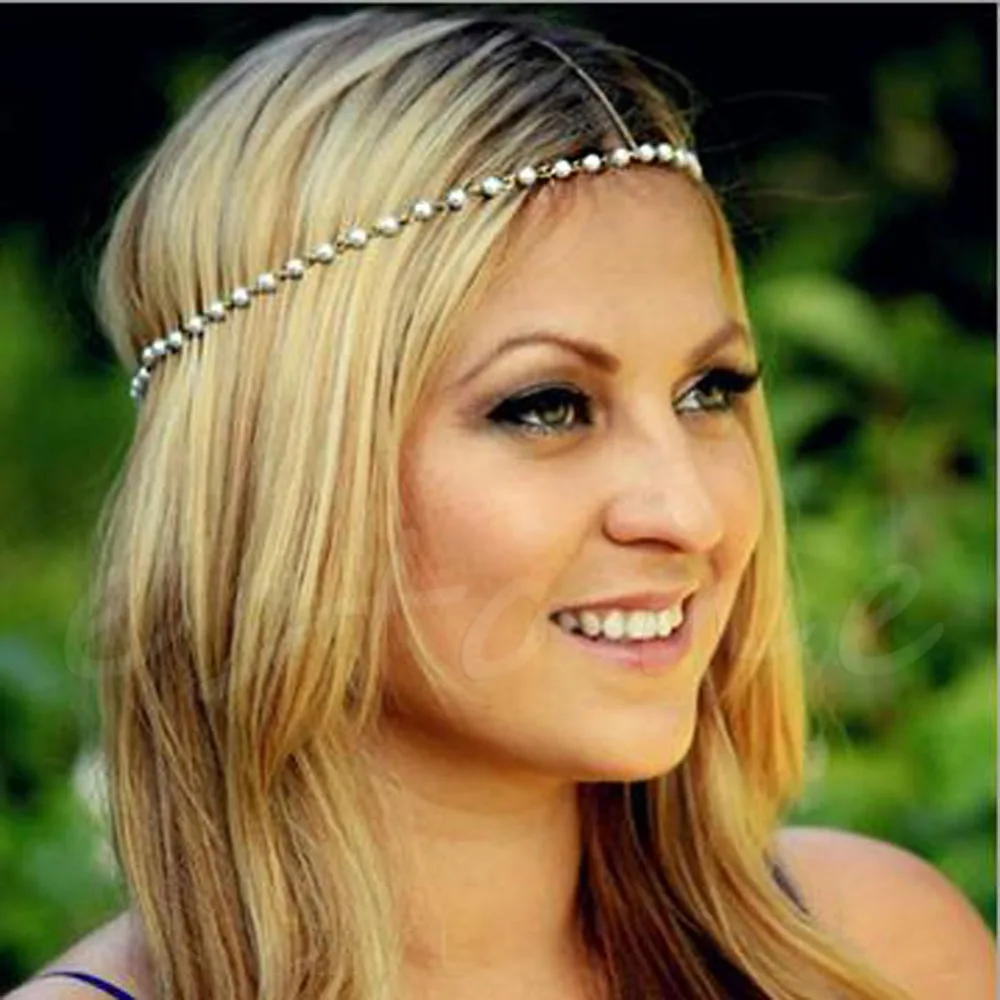Women Pearl Bead Gold Metal Chain Head Jewelry Headband Headpiece Hair