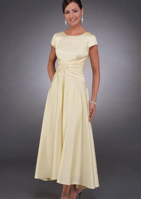 Simple Yellow Satin Tea Length Modest Mother Of The Bride Dresses Simple Yellow Satin Tea Length Modest Mother Of The Bride Dresses Short Sleeves Brides Mothers Formal