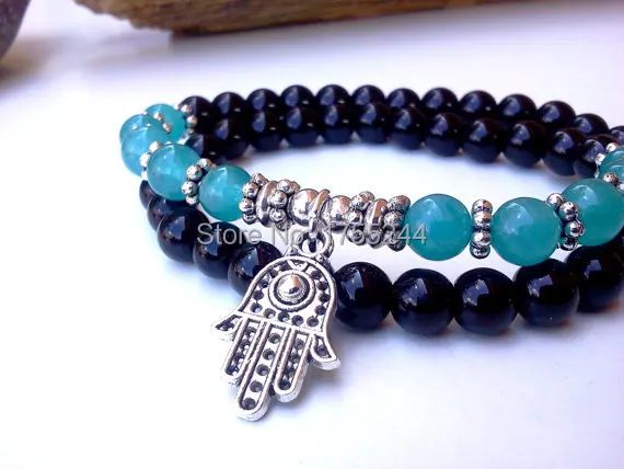 Protection Hamsa bracelet, Onyx Hamsa bracelet, Stretch Hamsa bracelet, Onyx and Agate bracelet, Protection bracelet, Good Luck bracelet.jpg