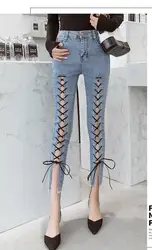 2019 летние женские Модные выдалбливают обтягивающие джинсы средней высоты сексуальные кружевные джинсовые брюки с карманами длиной до