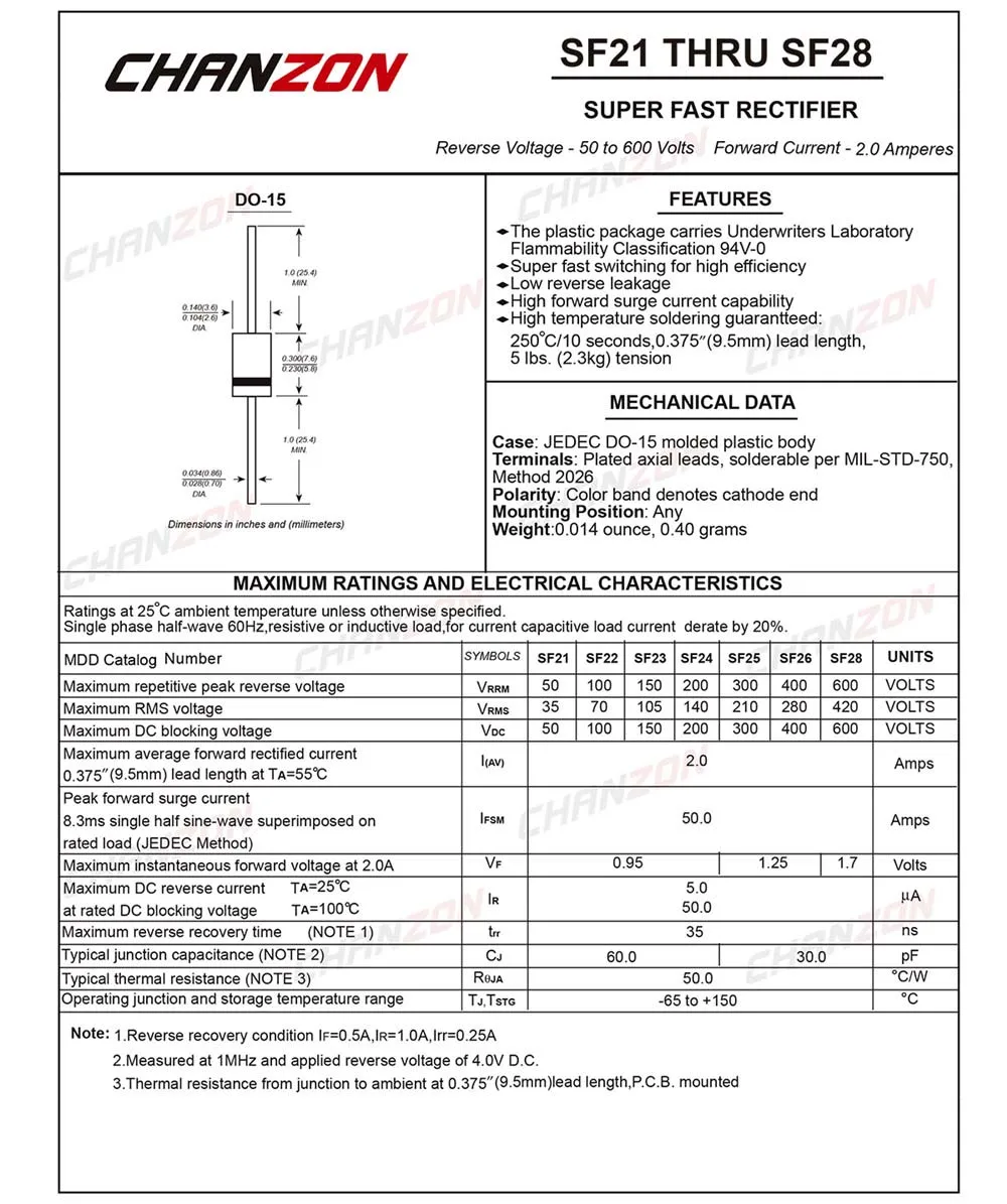 100 шт.) SF28 супер быстрое восстановление выпрямительного диода 2A 600 V 35ns DO-15(DO-204AC) осевой 2 ампер 600 вольт SF 28 диодов