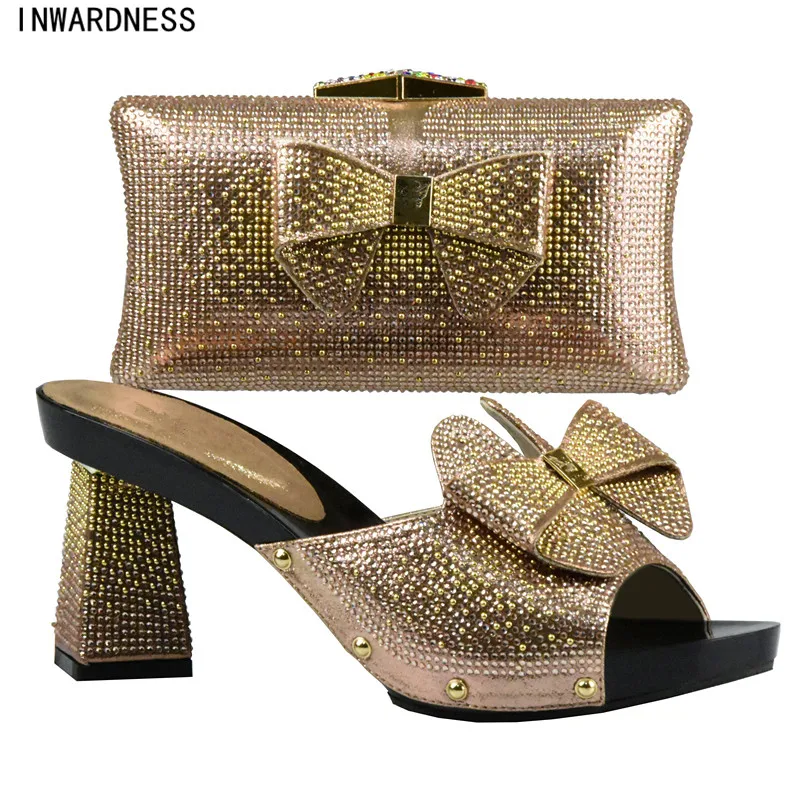Nigérian argent Décoré Strass Femmes Africaines jaune Et Ensembles or Mariage Assorties peach vert Nouveau Noir Sac Chaussures Ensemble Avec Mode Chaussure wSUCxgq7