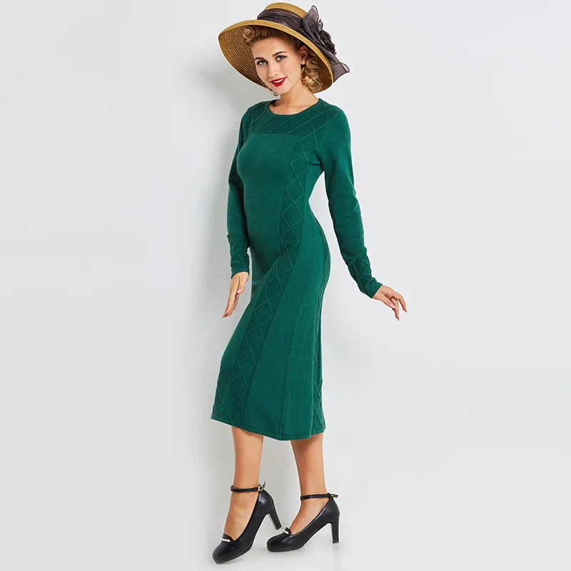 Sisjuly Women Sweater Dress Long Sleeve Knee Length Solid Green Vintage