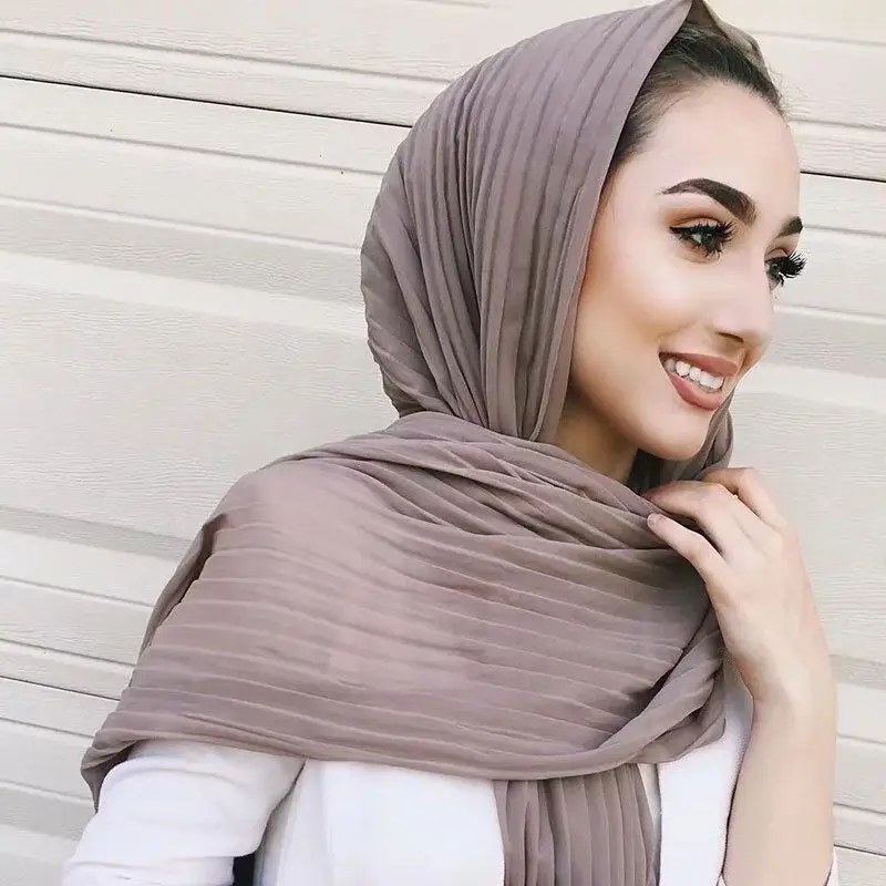 

2019 New Pearl Chiffon Folds Solid Color 85*180cm Muslim Women's Headscarf Hui Costumes Wrinkle Hot Headscarf Wholesale