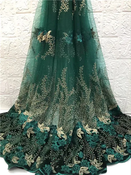 

(5yards/lot ) 2018 New High quality emerald green Velvet African tulle lace French net lace fabric with stones for party dress