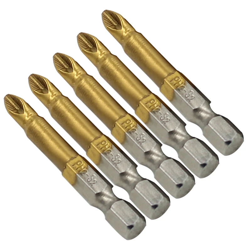 5pcs 50mm Length Titanium Coated PH2 Anti Slip Bits Electric Screwdriver Bits 1/4" Hex Shank Screwdriver with Magnetic Tip