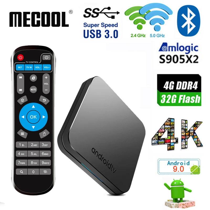 

MECOOL KM9 Smart TV Box Android 9.0 S905X2 4K 4GB DDR4 32GB EMMC BT 4.1 Support Dual Wifi 2.4G/5GHz Youtube H.265 TV Set Top Box