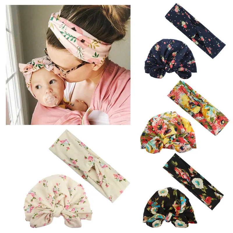 

Family Match Clothes Mother Daughter Bohemian Knitted Headbands 2 PCS Mom Headwrap Baby Hat Set Floral Hair Accessories H0290