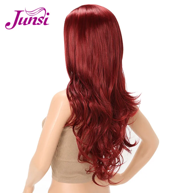 JUNSI 24inch Long Natural Wavy Wine Red Wig Heat Resistant Synthetic Cosplay Female Full Wig (2)