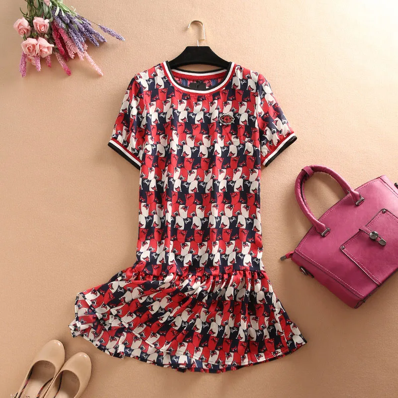 

New 2019 Summer Women Elegant Cat Print Beading Chiffon Patchwork Pleated Mini Dress High Quality Runway Dress