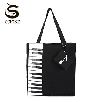 

Scione New Canvas Women Bag Shopping Shoulder Bag Funny Design Piano Printing Handbag Beach Tote Woman Canvas Hand Bags 2PCS/Set