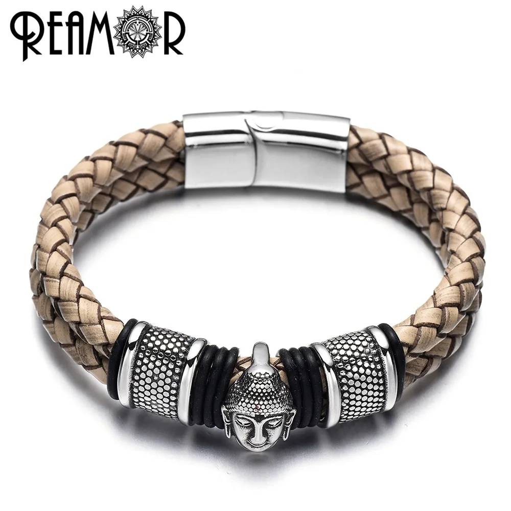 

REAMOR Men Jewelry 316l Stainless Steel Thailand Buddha Head Bracelets Bangles Brown Weave Leather Bracelet With Magnetic Clasp