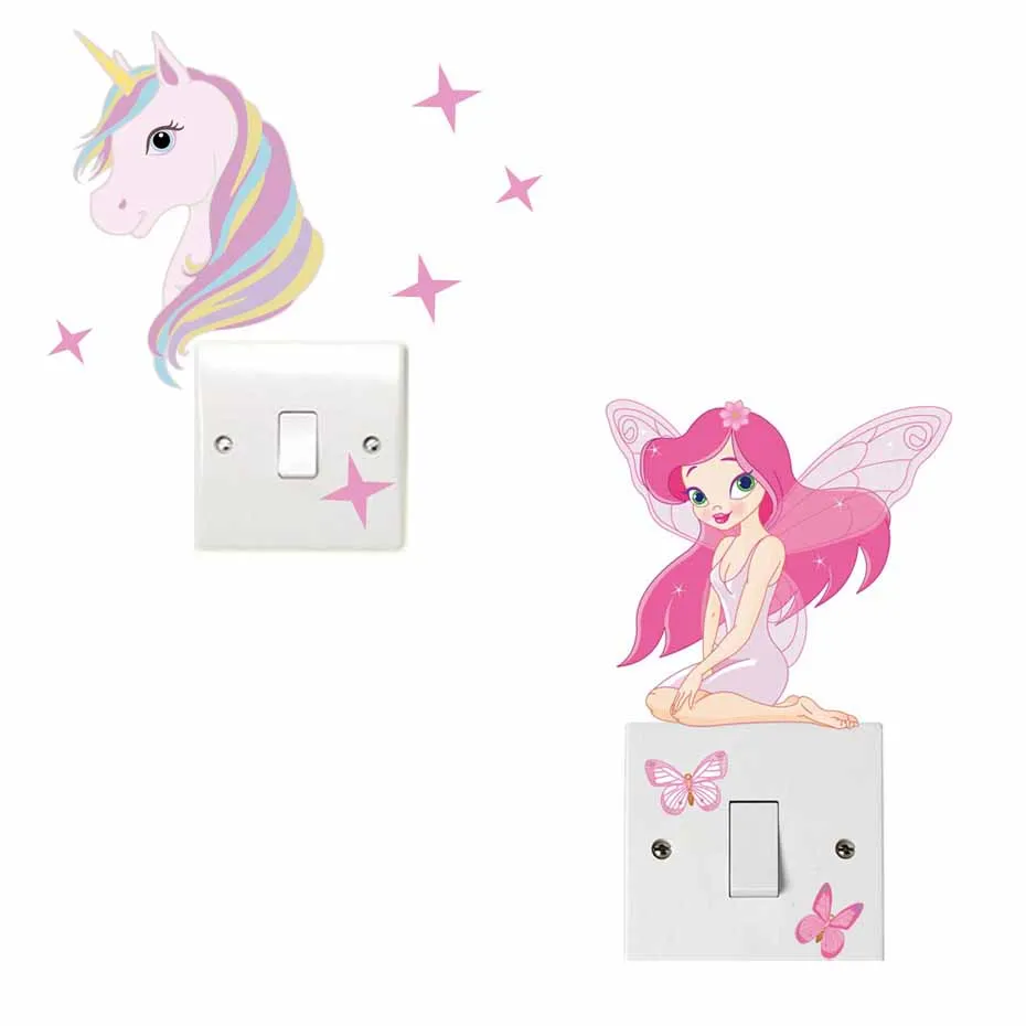 Cute Horse Fairy Girl Light Switch Sticker Pink Vinyl Interesting Wall Art Decals For Kids Girls Bedroom Home Decor