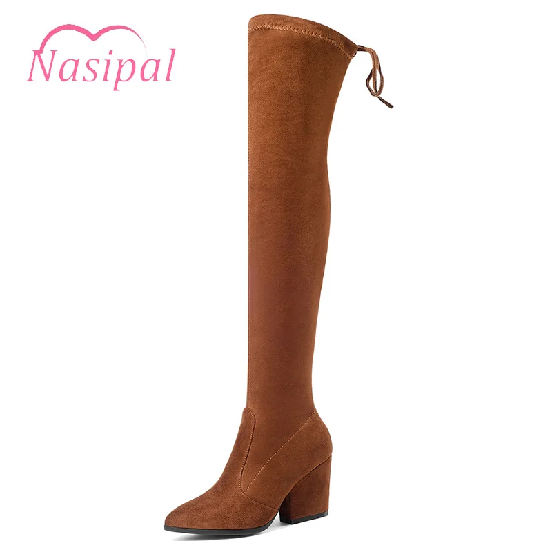 

Nasipal Elastic Suede Over The Knee Boots Woman Pointed ToeSexy Slim Chunky High Heel Knight Boots Slip On Women Long Boots M237