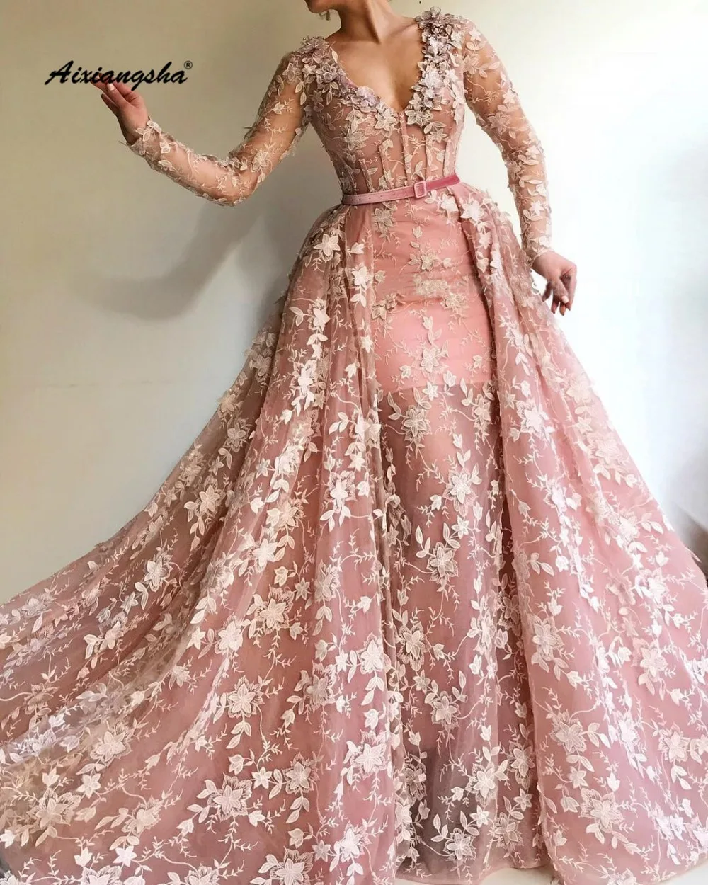 

Muslim Blush Evening Dress Long V-Neck Full Sleeves 3D Flower Lace Special Formaol Evening Dresses 2019 Vestido De Festa Longo