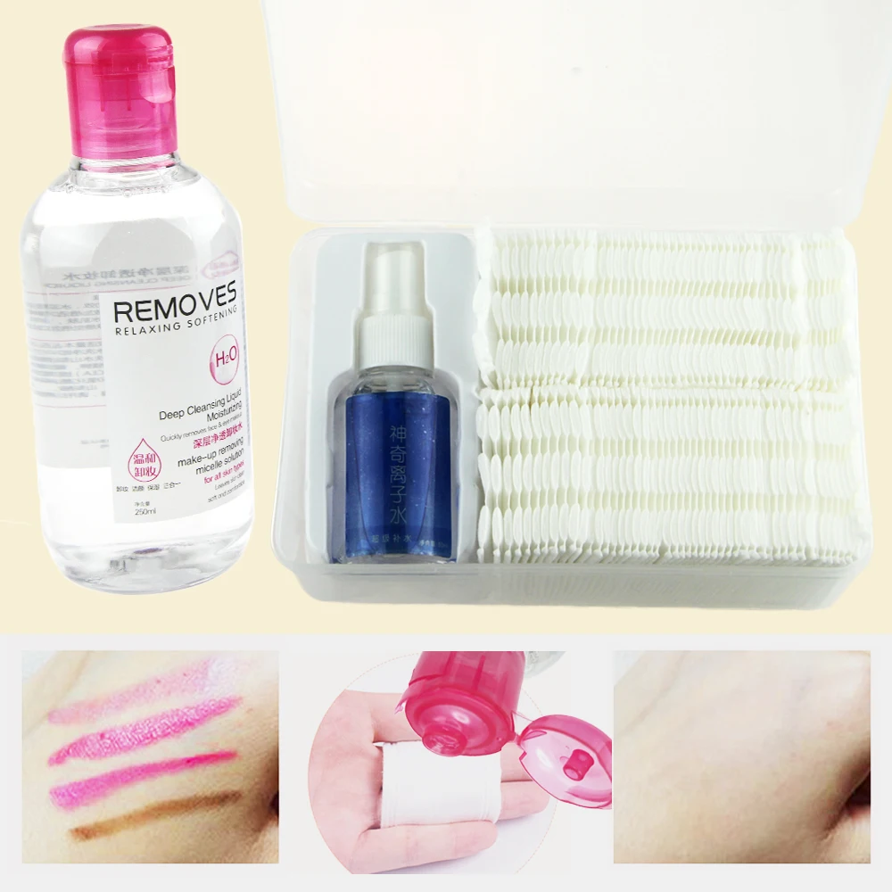 

KESMALL 2pcs Makeup Remover Set 250ml Makeup Cleansing Water 96pcs Make Up Cotton 50ml Toner Kit Maquiagem Demaquilan RE4756