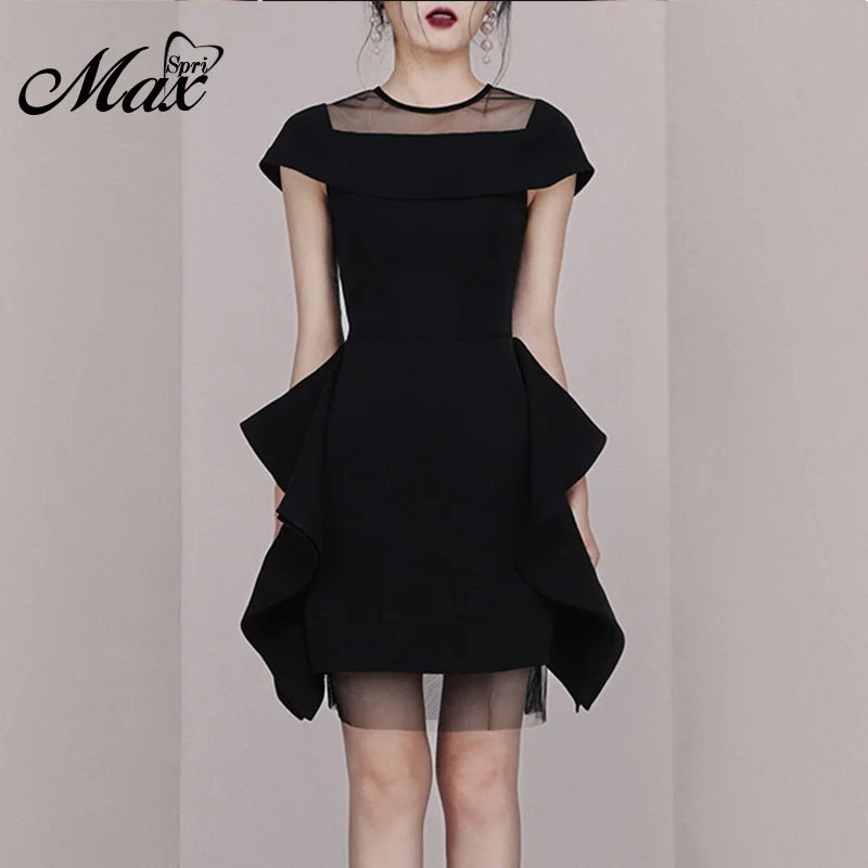 

Max Spri 2019 New Fashion Sexy O Neck Mesh Short Sleeves Frill Ruffles A-Line Women Party Little Black Mini Dress