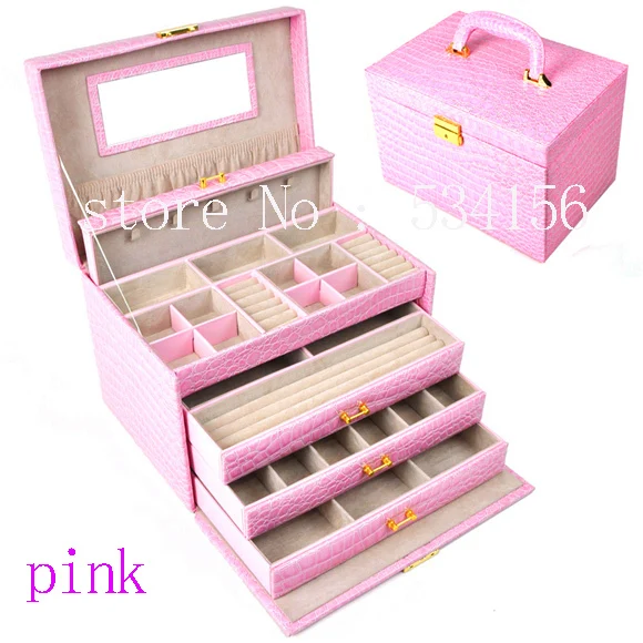 luxurious big 4 layers pink leather jewelry box earrings jewelry packaging display box gift box