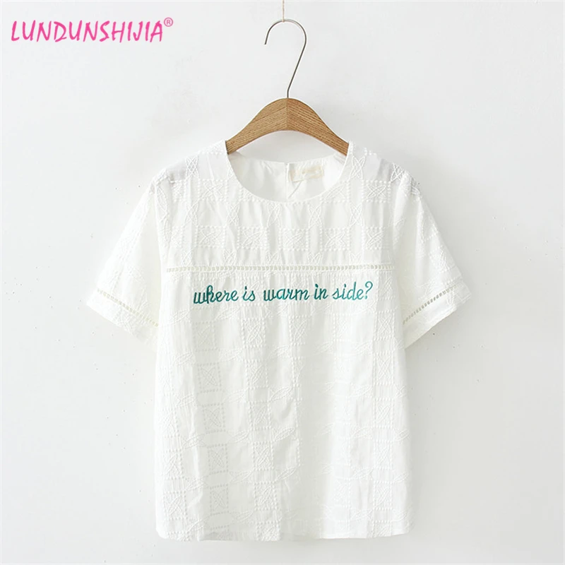 

LUNDUNSHIJIA Letters Embroidery T-shirts For Women White Lace Tops Short Sleeve Women T-shirts Camiseta Blusas Mujer De Moda