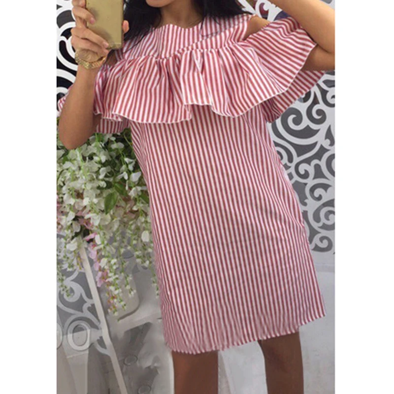 

Summer Dresses Women 2017 Causal Ruffles Cold Shoulder Sexy Striped Dress Short Mini Dresses Fashion Clothes LJ9215C