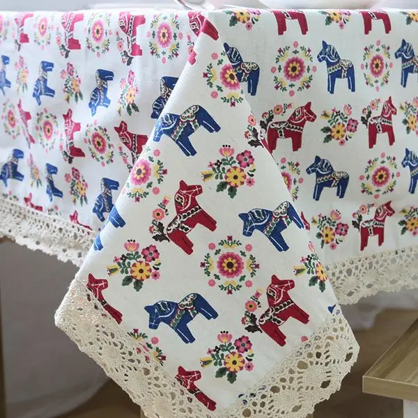 

Linen Table Cloth with Lace Horse Print Country Style Rectangular Dinning Tablecloths Cover Kitchen Toalha de Mesa