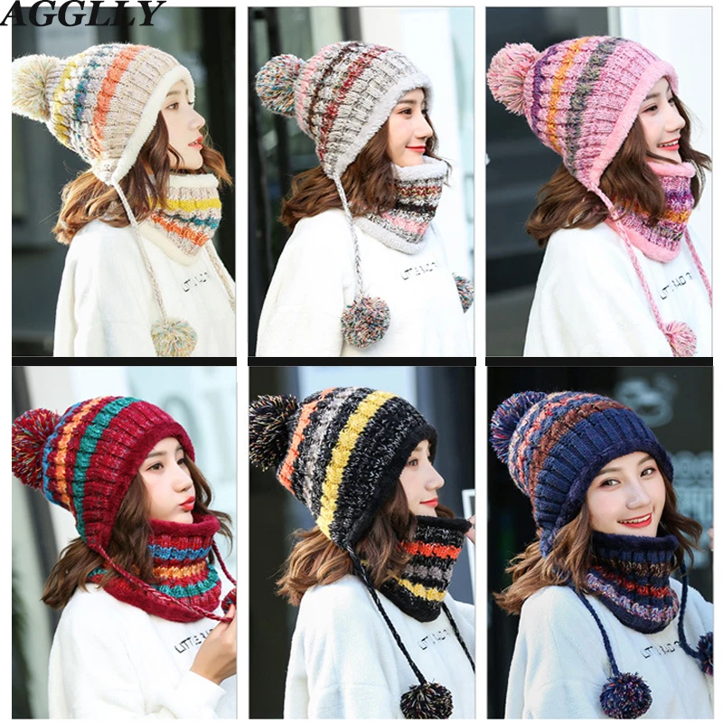Winter Women black/pink/gray/navy/wine/red Global Caps Scarves Knitted Wool Warm Thick Plus Velvet Windproof Hat Scarf Set 125 |