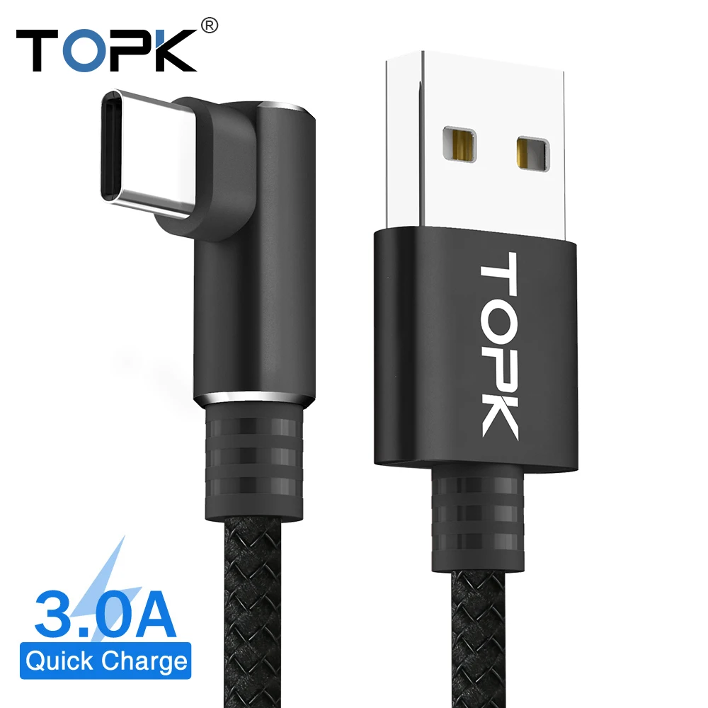 TOPK 1 M 90 grados 3A de carga rápida USB Cable de tipo C L-forma rápida de carga tipo-C cable de teléfono móvil para Samsung Huawei Xiaomi