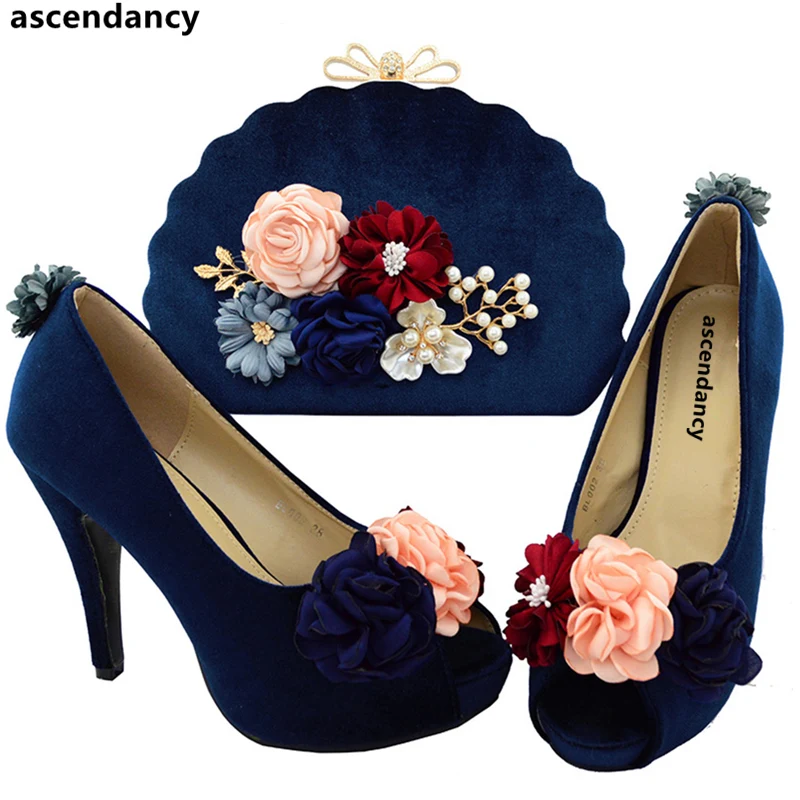 

D Blue Color Ladies Italian Shoes and Bag Set Decorated with Rhinestone Nigerian Shoes and Matching Bags Party Shoes and Bag Set