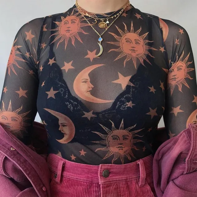 Maglietta Sexy a rete trasparente stampata Sun Moon donna o-collo manica lunga Slim Basic Casual donna top 2021 primavera nuovo 1