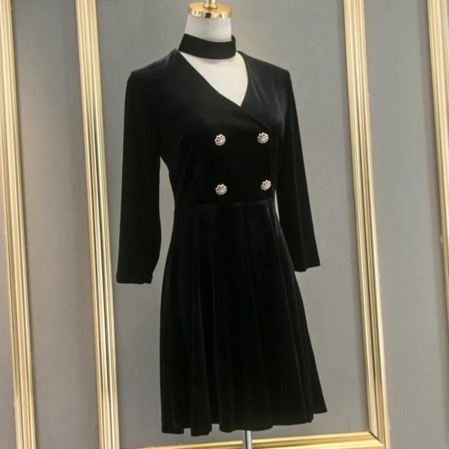 Двубортный бархатное платье 2017 новые зимние модные женские велюр вечернее