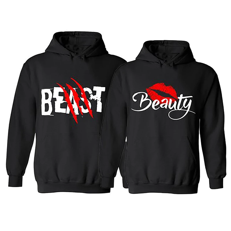BEAST and BEAUTY Graphic Print Couple Hoodies Black Hooded