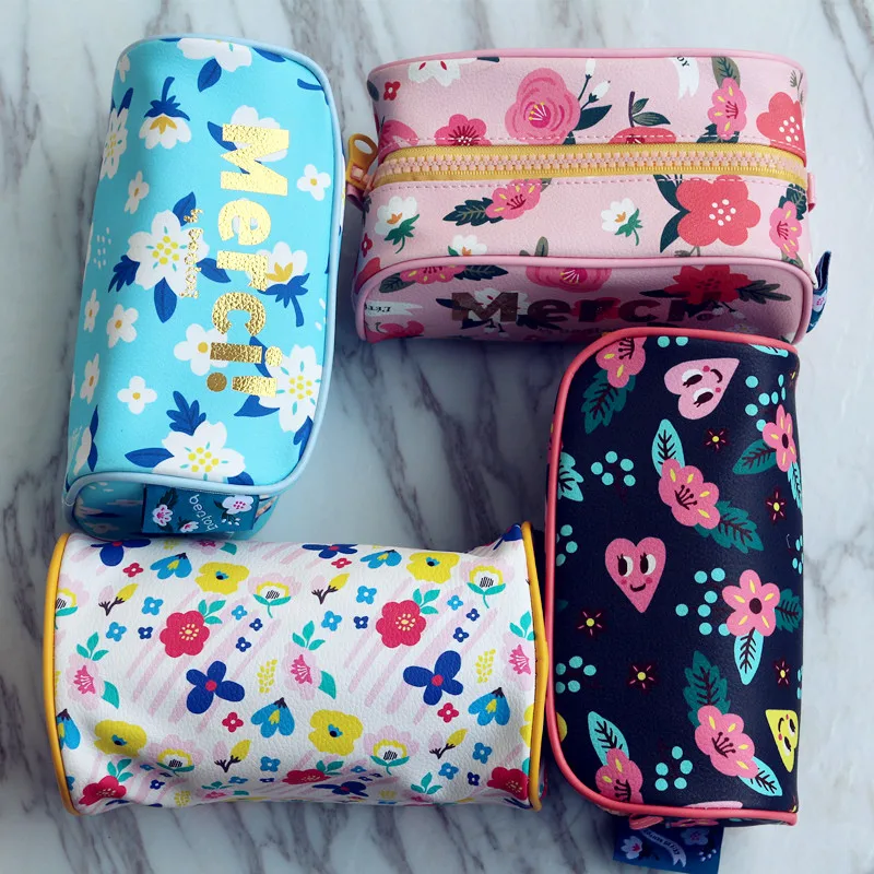 

Korean Leather Large Capacity Pencil Case Romantic Floral Pen Cases Cosmetic Make Up Bag pen Holder Stationery School Supplies