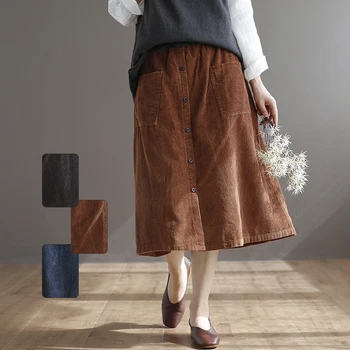 

Pocket single breasted literary solid color Corduroy A-Line skirt saia mori girl