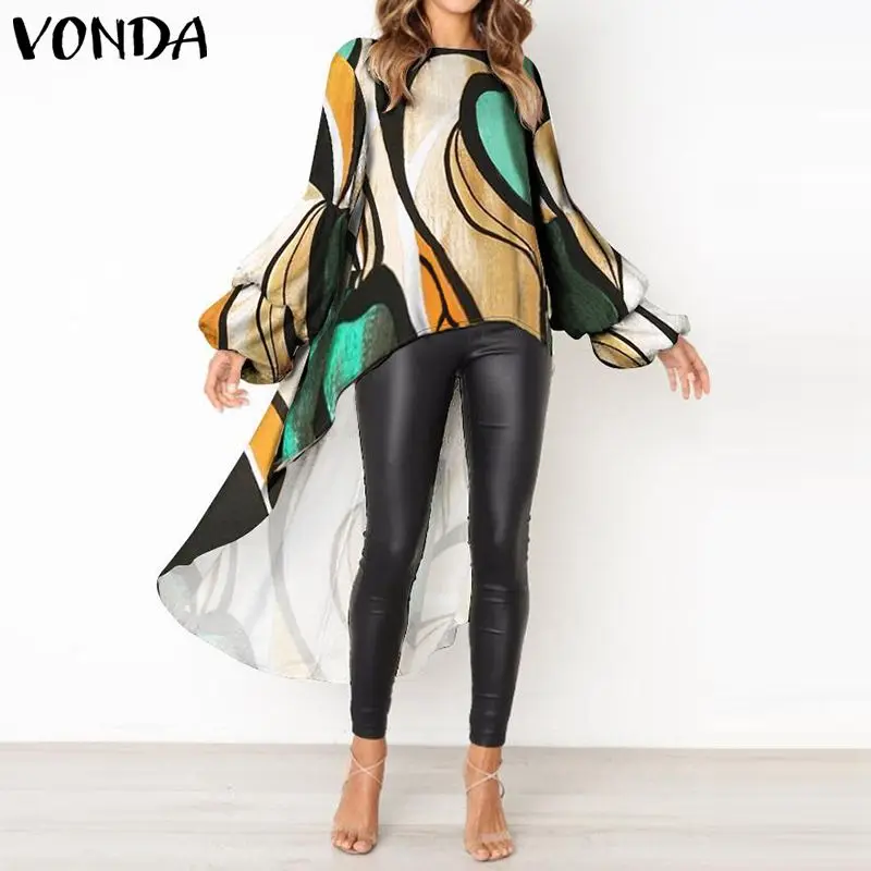 

VONDA Women Blouse Shirt 2019 Autumn Sexy Pregnant Vintage Irregular Hem Long Sleeve Printed Maternity Tops Blusas Femininas 5XL