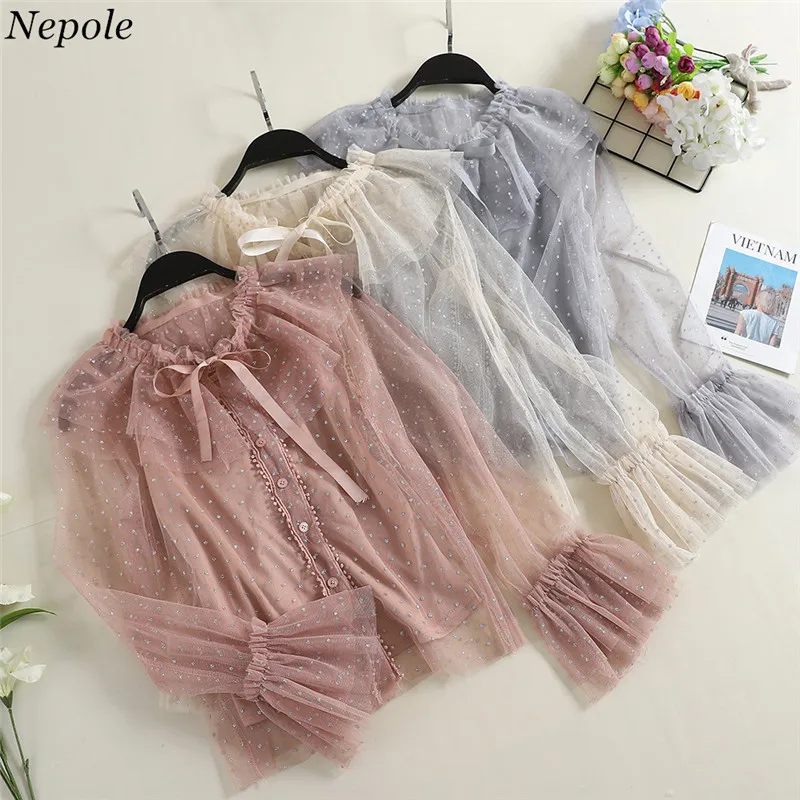 

Neploe Lace Mesh Ruffles Bow Sweet Girl Blouse Polka Dot Two Pieces 2019 Autumn Fashion Perspective Sleeves Female Blusa 69059