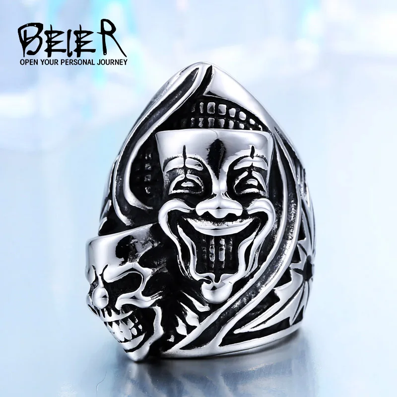 

BEIER 316L Stainless Steel New Design Happiness and sadness Clown Skull Ring For Man Biker Jewelry BR-Q023