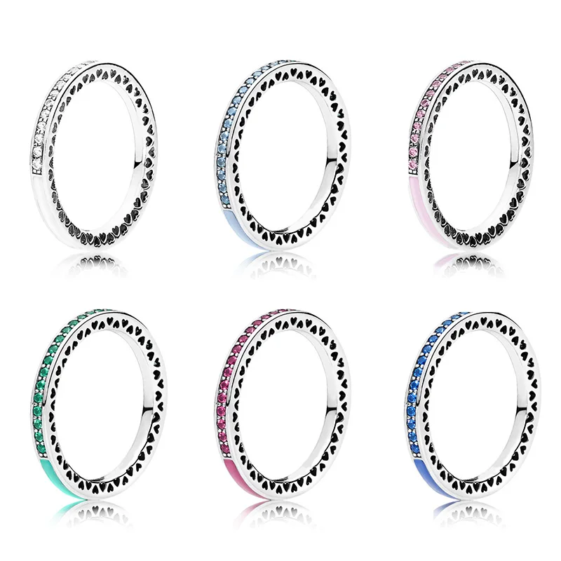 

925 Sterling Silver Ring Charms 6 Color Drip Oil Love Heart Women Crystal Ring For Women Jewelry