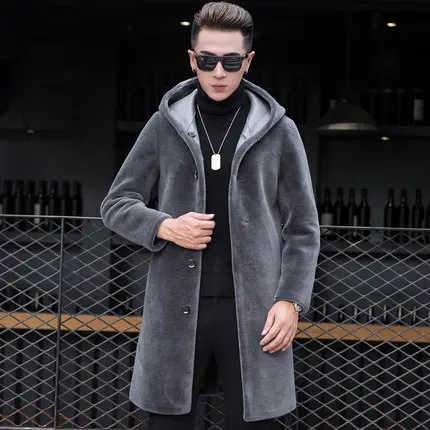 Gray Hooded AYUNSUE, натуральная кожа, мужская куртка,, зимняя, натуральный мех, пальто, шерсть, куртка, Овечья стрижка, меховые пальто, Jaqueta De Couro ZL369 - Цвет: Gray Hooded