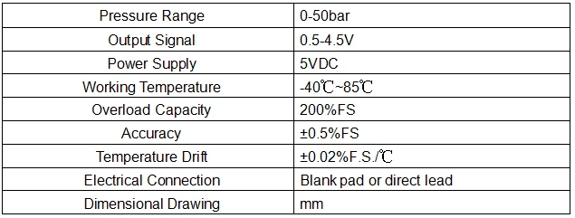 0-50bar(опционально), 5VDC, 0,5-4,5 V выход, керамический модуль датчика давления