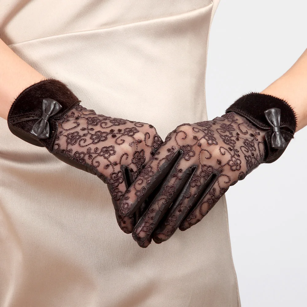 Новые женские перчатки из натуральной кожи, кружевные осенне-зимние Утепленные перчатки из овчины, женские короткие Стильные варежки для вождения L156NC