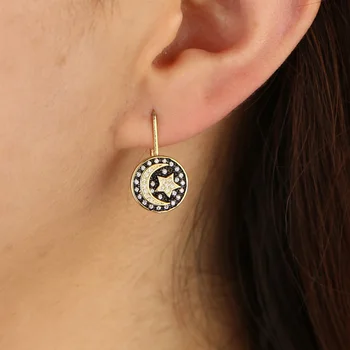 

2020 Gold filled white rainbow cz paved moon star coin drop earring Engraved star signet women wedding gorgeous classic jewelry