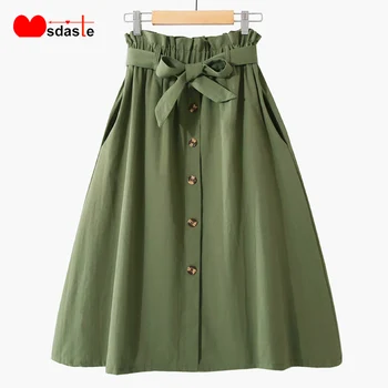

Cotton Skirts Women Autumn 2019 High Waist Belted Midi Length Saia Faldas Mujer Elastic Waist Buttons Casual Womens Skirt