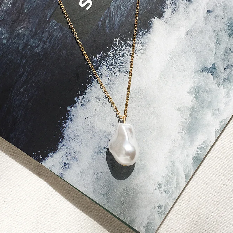 HUANZHI 2019 New Baroque Gold Metal Irregular Imitation Pearls Chain Necklace For Women Girl Party Jewelry Gifts - Image 6