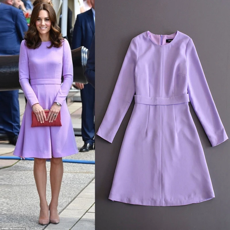 

2018 New Kate Middleton Princess Purple Dress autumn wool long sleeve women pleated
