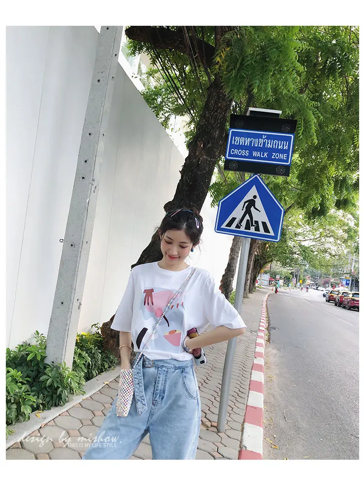 Mishow Женская летняя футболка с коротким рукавом Harajuku Мультяшные футболки эстетические Хлопковые женские свободные корейские футболки MX19B3338