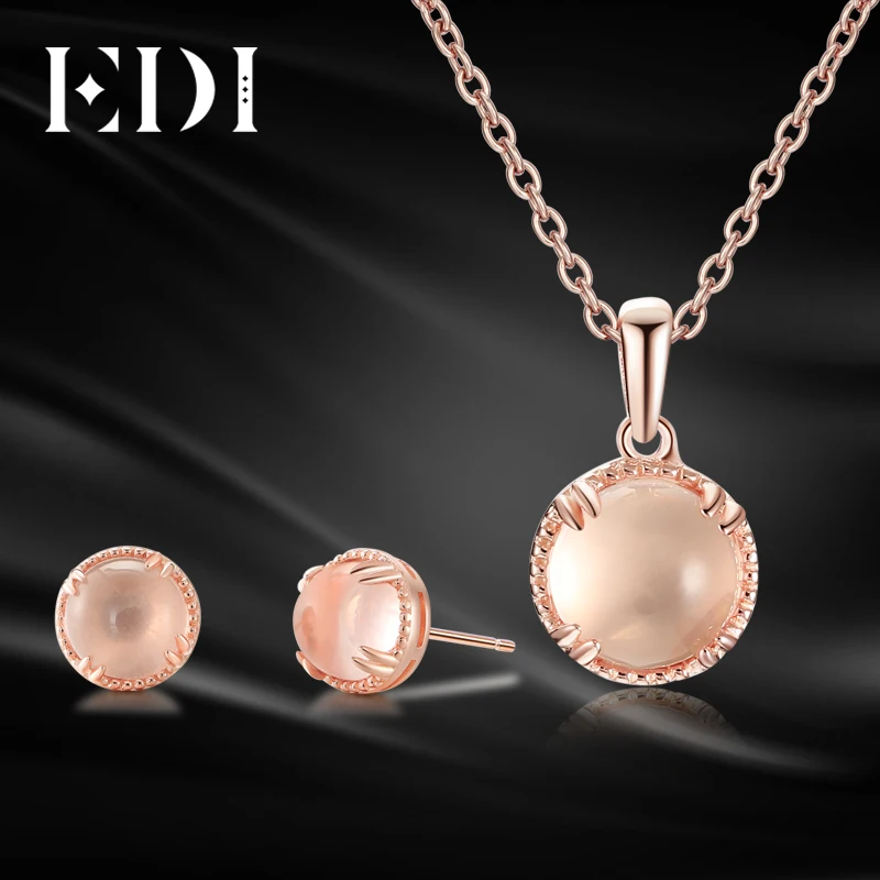 EDI Genuine 7mm Natural Gemstone Rose Quartz Crystal Jewelry Set 100% 925 Sterling Silver Pendant Stud Earrings For Women