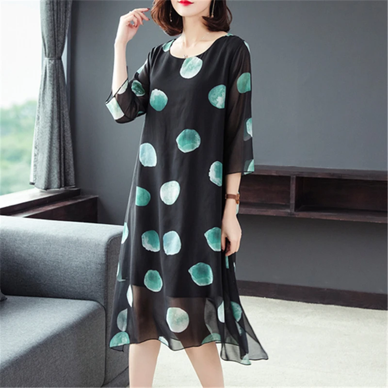 

2019 New Summer Dot Print Chiffon Dress Short Sleeve O-Neck Medium Long Elegant Ladies Slim Green Big Size Casual M-4XL