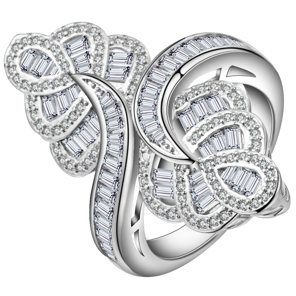 

Exaggerated White Cut Cubic Zirconia Big Flower Ring Female Silver Color Amazing CZ Cocktail Accessories Women Finger Rings